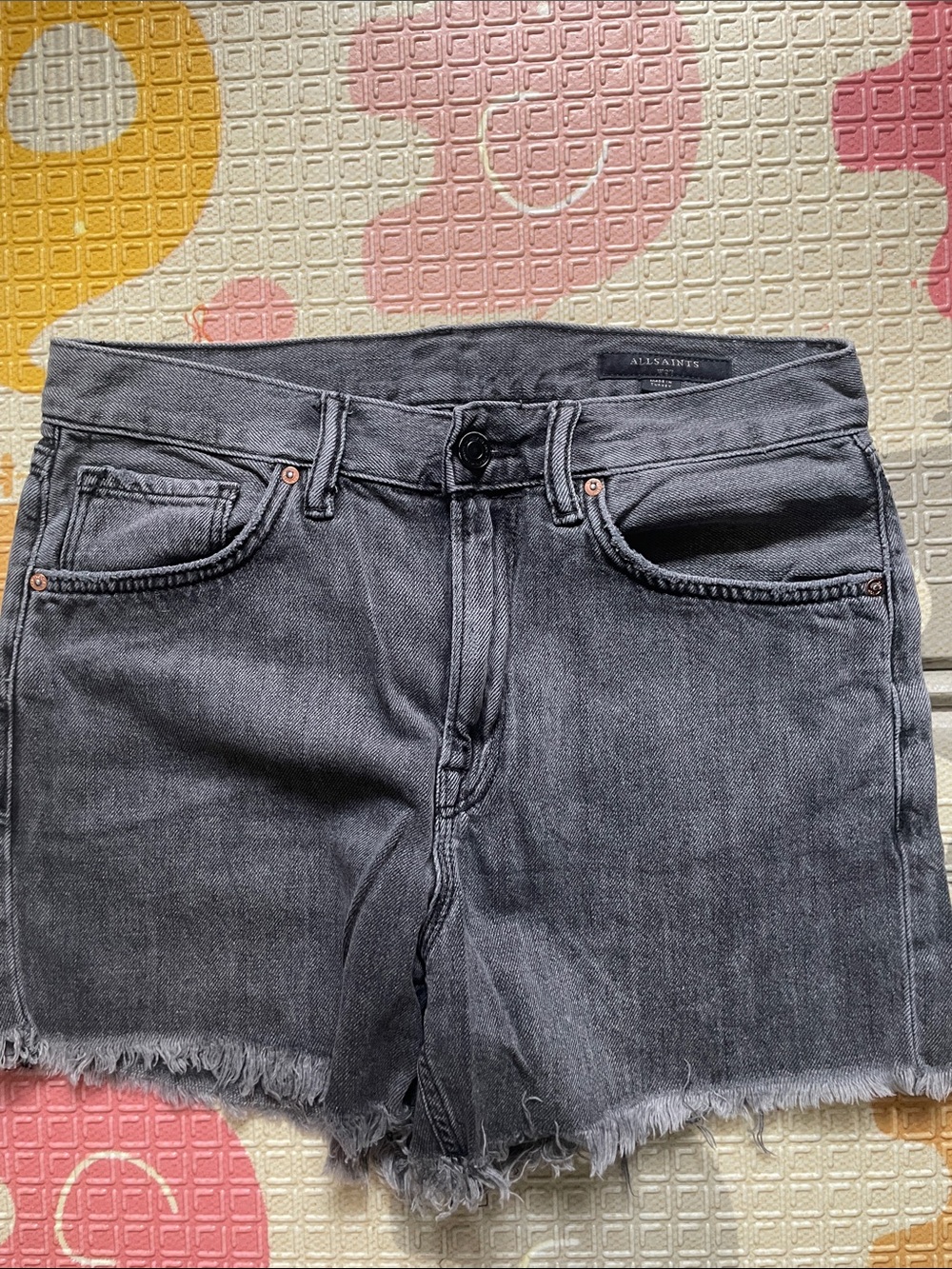 High-Rise Black Denim Frayed Hem Women’s Shorts- All Saints